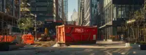 a vibrant red dumpster prominently displays its pci branding in a bustling long island commercial district, surrounded by modern office buildings and construction sites, emphasizing its essential role in diverse business projects.