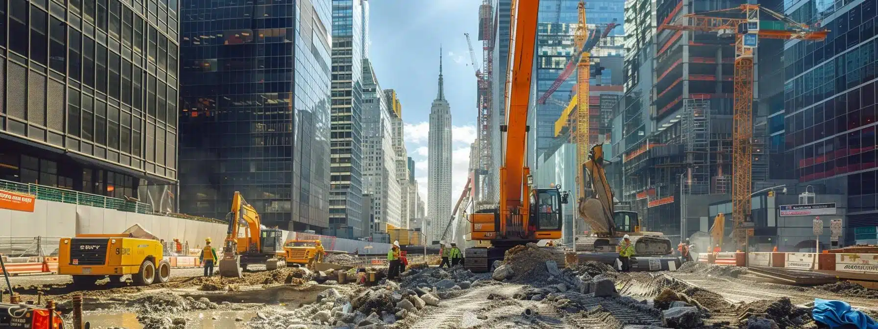 a bustling urban construction site in new york city showcases workers efficiently managing diverse construction debris, with towering skyscrapers in the background and heavy machinery actively engaged in removal tasks, highlighting the tailored services offered for various project scales.