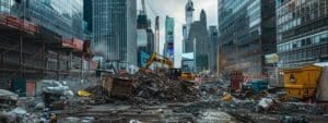 a busy new york city construction site showcases a team of professionals efficiently managing a pile of mixed debris, with cranes and dumpsters in the background, under the watchful gaze of towering skyscrapers.
