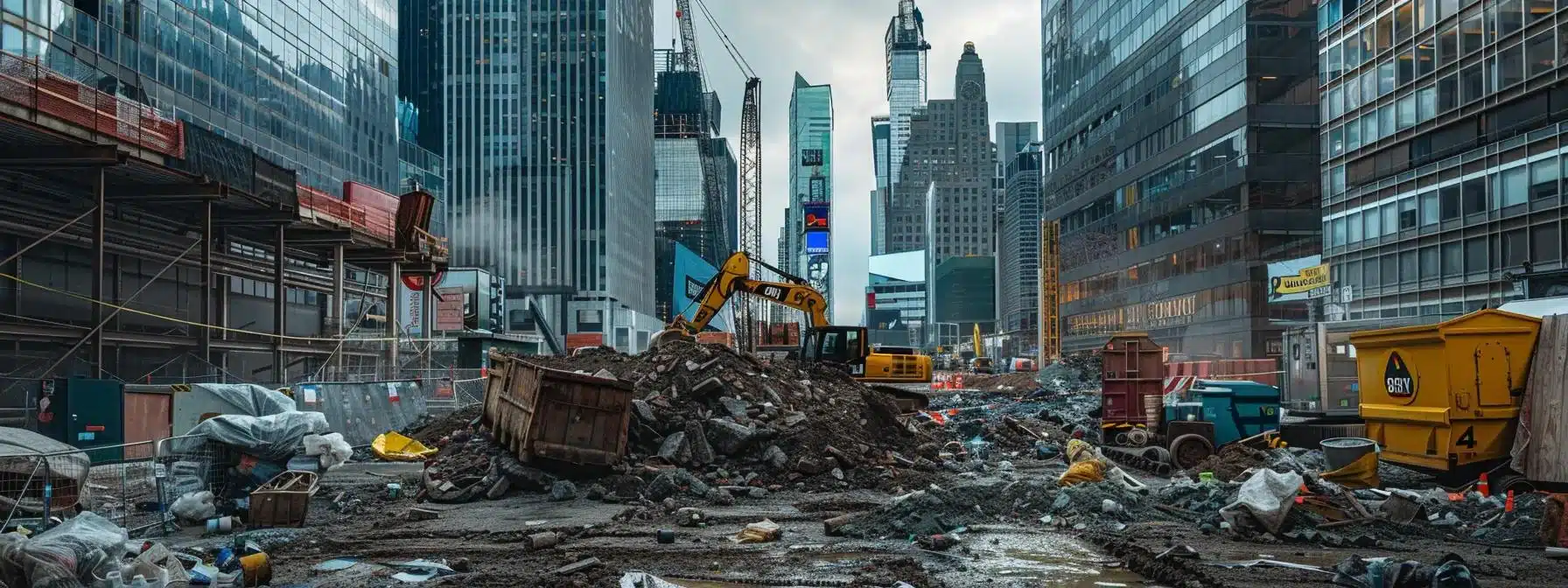 a busy new york city construction site showcases a team of professionals efficiently managing a pile of mixed debris, with cranes and dumpsters in the background, under the watchful gaze of towering skyscrapers.