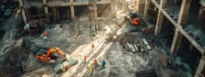 a sleek, modern construction site with workers efficiently organizing and removing debris, showcasing the transformative impact of professional construction debris removal amidst a backdrop of ongoing building progress.