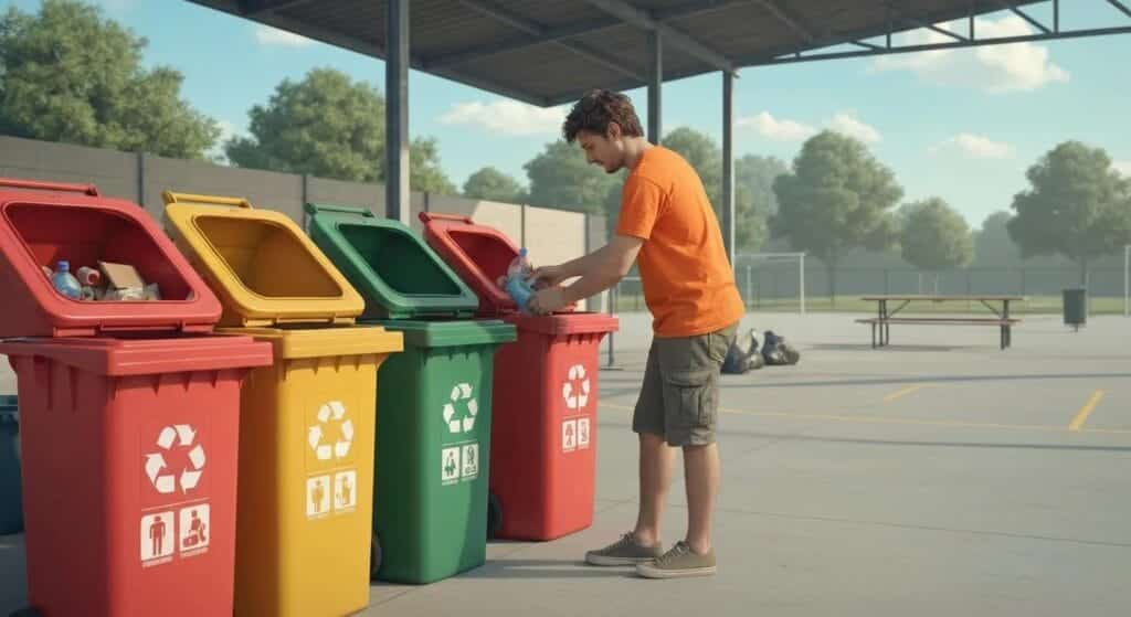 Person pre-sorting debris into recycling and disposal bins