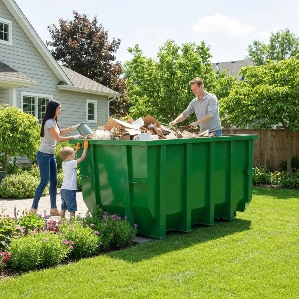 Residential dumpster rental in a suburban yard with family loading debris