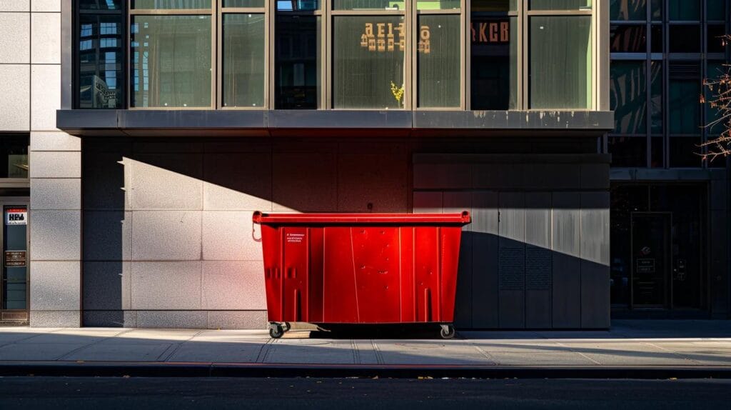 a striking urban scene featuring a clean red dumpster prominently positioned against a backdrop of modern buildings, emphasizing the critical message of adhering to waste disposal regulations in long island.