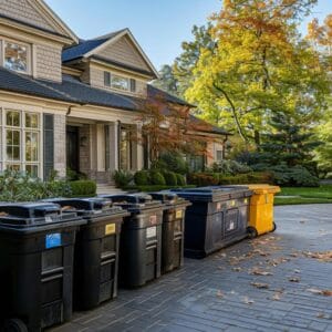 Different sizes of dumpsters in a residential driveway, illustrating options for home projects