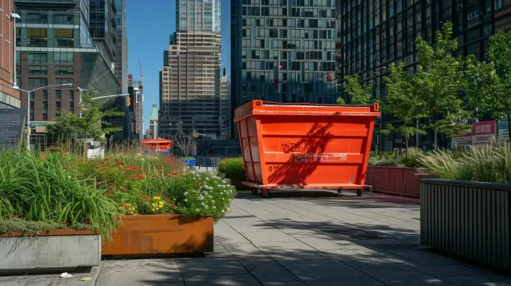 a vibrant red dumpster sits prominently in a modern urban setting, surrounded by informative signage detailing rental agreements and fee structures, emphasizing the importance of understanding rental terms to avoid unexpected costs.