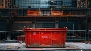a vibrant red dumpster sits prominently in a sleek, modern urban construction site, surrounded by clear signage highlighting essential tips for renting dumpsters effectively.
