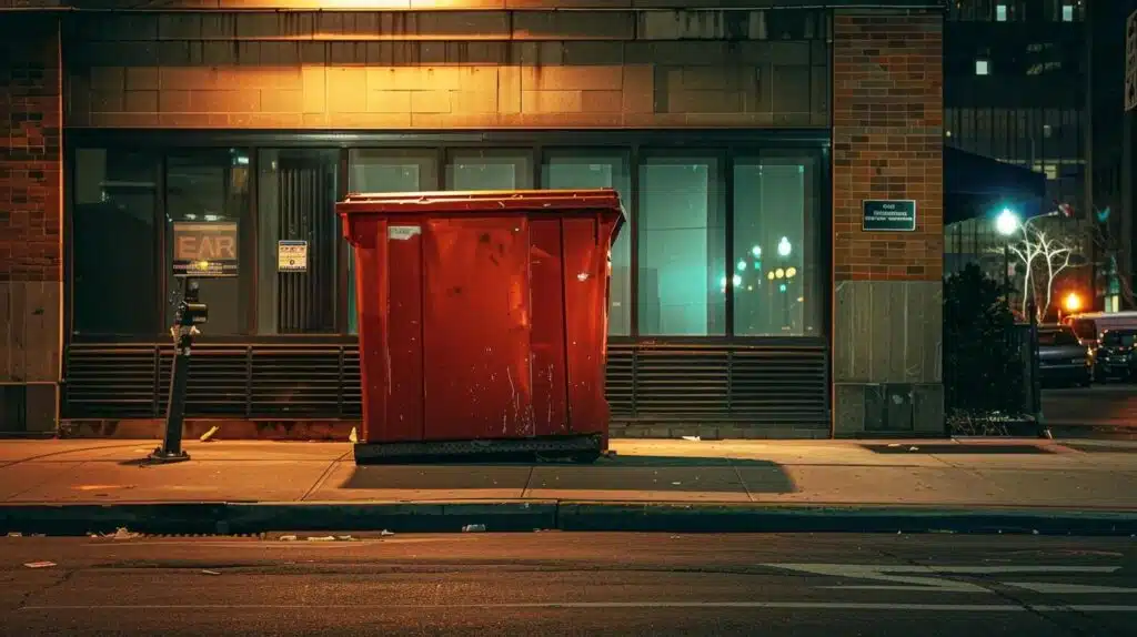 a prominent, clean red dumpster sits on a bustling long island street, flanked by a well-maintained urban office building as a municipal sign visibly indicates permit requirements for placement, under bright artificial lighting that highlights the urban environment.