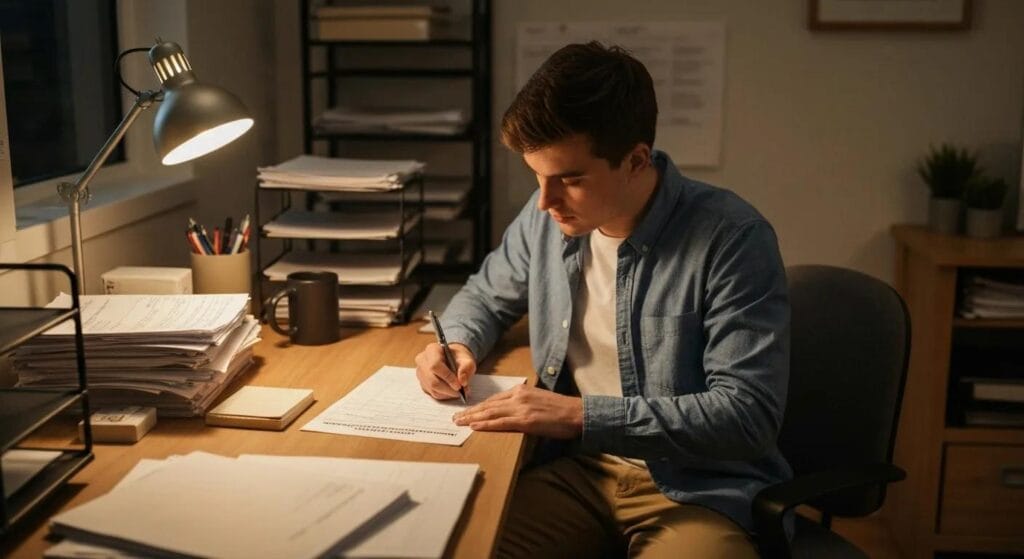 Person completing a dumpster permit application in a home office setting, emphasizing preparation for waste management