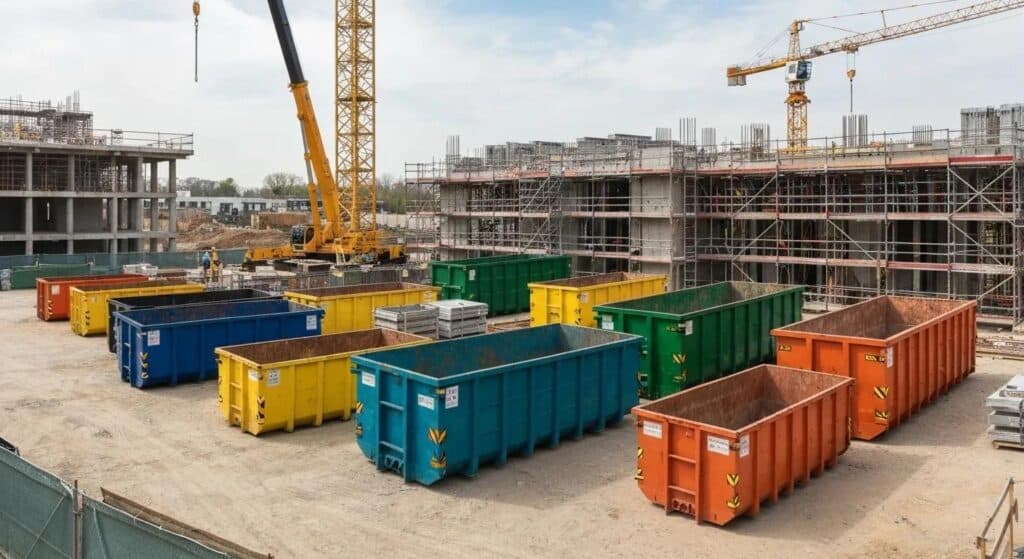 Different sizes of roll-off dumpsters displayed at a construction site, highlighting their applications