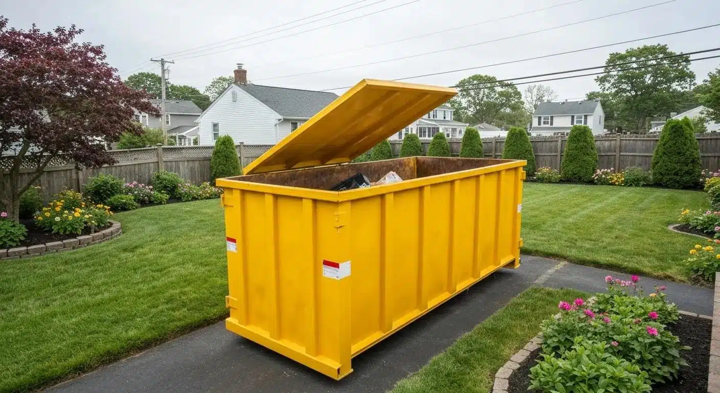 Roll-off dumpster in a residential yard on Long Island, emphasizing efficient waste management