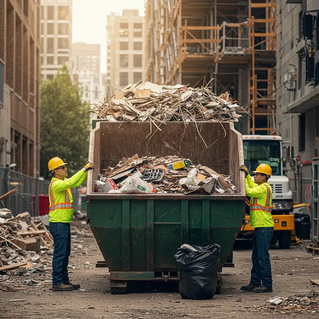 Commercial dumpster being loaded with construction debris at a job site, illustrating waste management efficiency