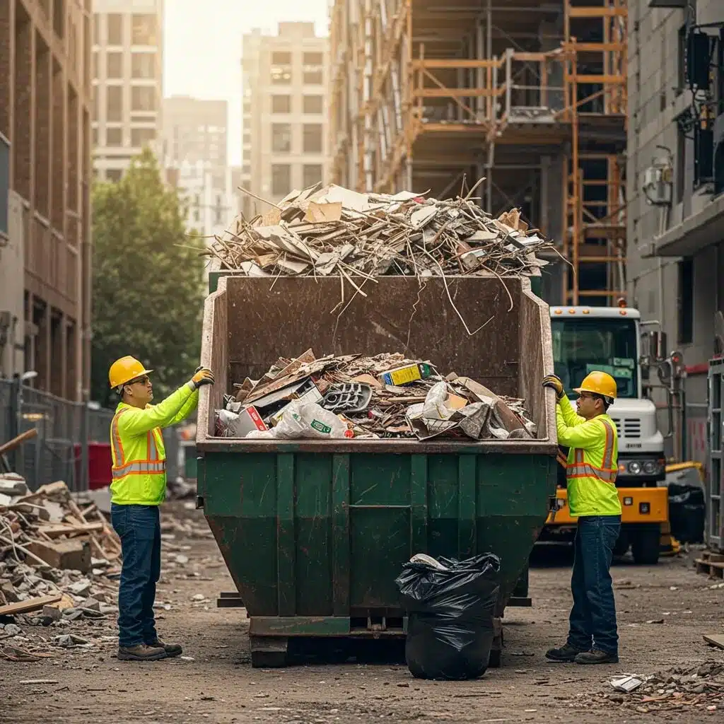 Dumpster Rental Long Island | Smart Waste Management 1 Commercial dumpster being loaded with construction debris at a job site, illustrating waste management efficiency