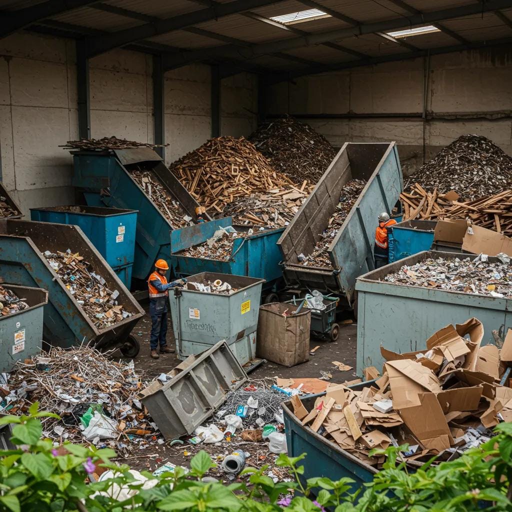 Workers sorting recyclable materials at a recycling center, promoting eco-friendly waste solutions
