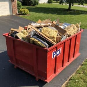 Homeowner consulting with dumpster rental expert to choose the appropriate size for renovation waste disposal
