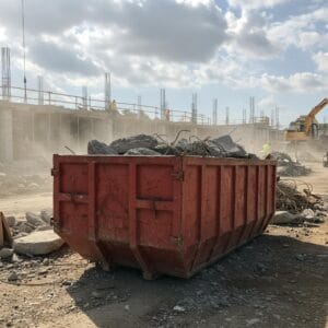 ### Key Elements- **Main Subject**: Red construction dumpster
- **Objects**: Debris, construction materials, rebar
- **Notable Features**: Dust clouds, construction site in the background
- **Workers**: Construction workers visible, engaged in tasks
- **Equipment**: Heavy machinery (e.g., excavator)### Overall Mood/ThemeThe image conveys a busy construction environment, characterized by ongoing demolition and building activities. The presence of dust and debris suggests a chaotic yet productive atmosphere, highlighting the intensity of construction work. The red dumpster serves as a focal point, symbolizing waste management and the transformation of the site.