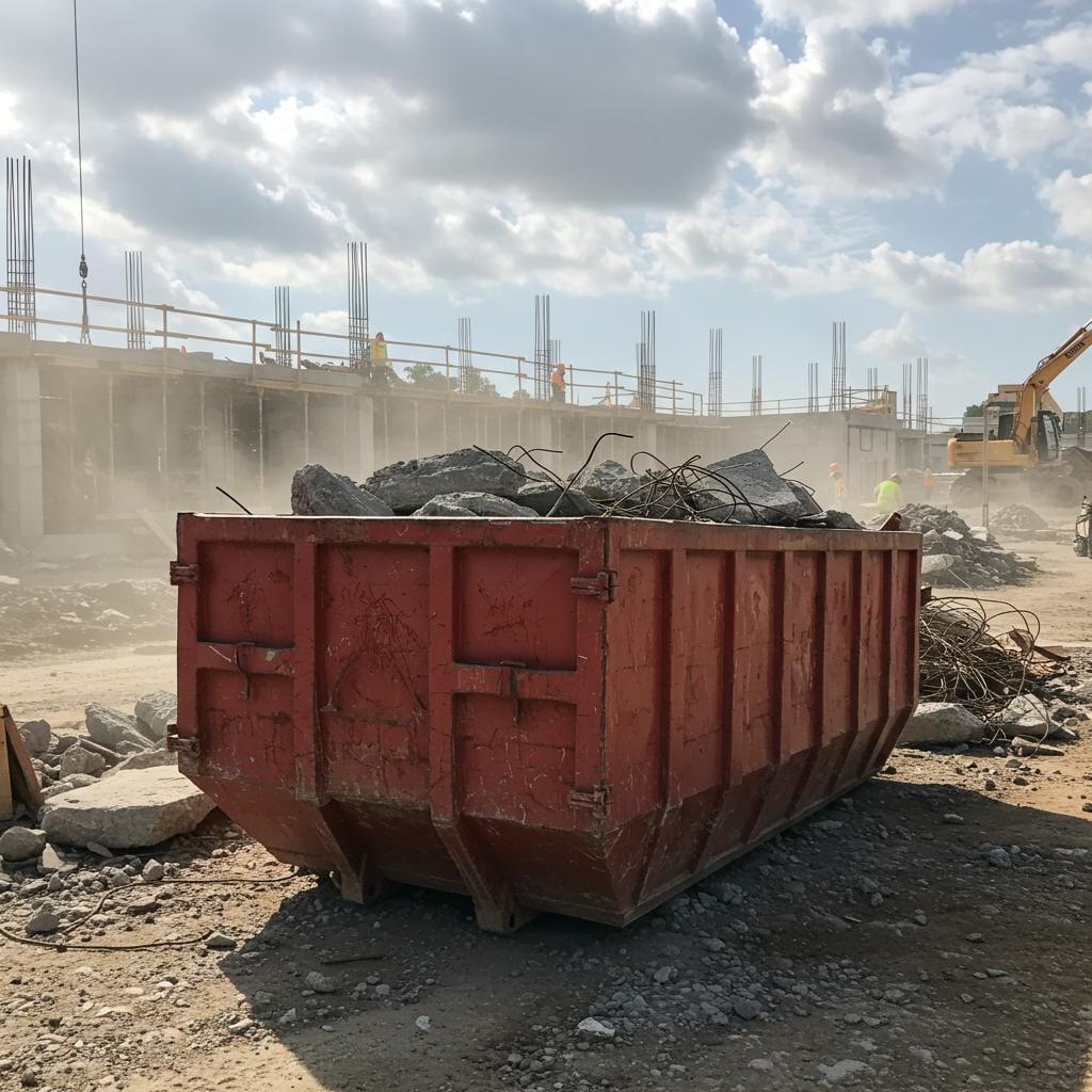 ### Key Elements- **Main Subject**: Red construction dumpster - **Objects**: Debris, construction materials, rebar - **Notable Features**: Dust clouds, construction site in the background - **Workers**: Construction workers visible, engaged in tasks - **Equipment**: Heavy machinery (e.g., excavator)### Overall Mood/ThemeThe image conveys a busy construction environment, characterized by ongoing demolition and building activities. The presence of dust and debris suggests a chaotic yet productive atmosphere, highlighting the intensity of construction work. The red dumpster serves as a focal point, symbolizing waste management and the transformation of the site.