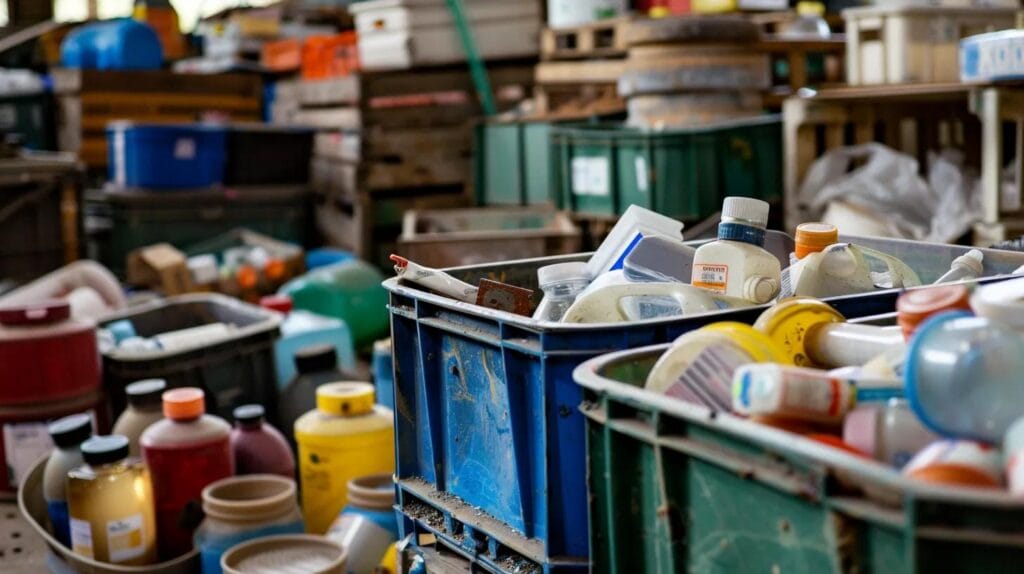 Hazardous waste items including chemicals and batteries for safe disposal