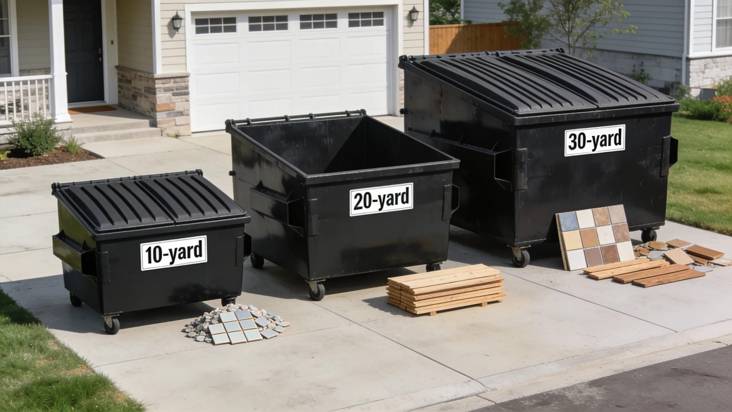 Three dumpster sizes in a driveway illustrating their use for home renovation projects