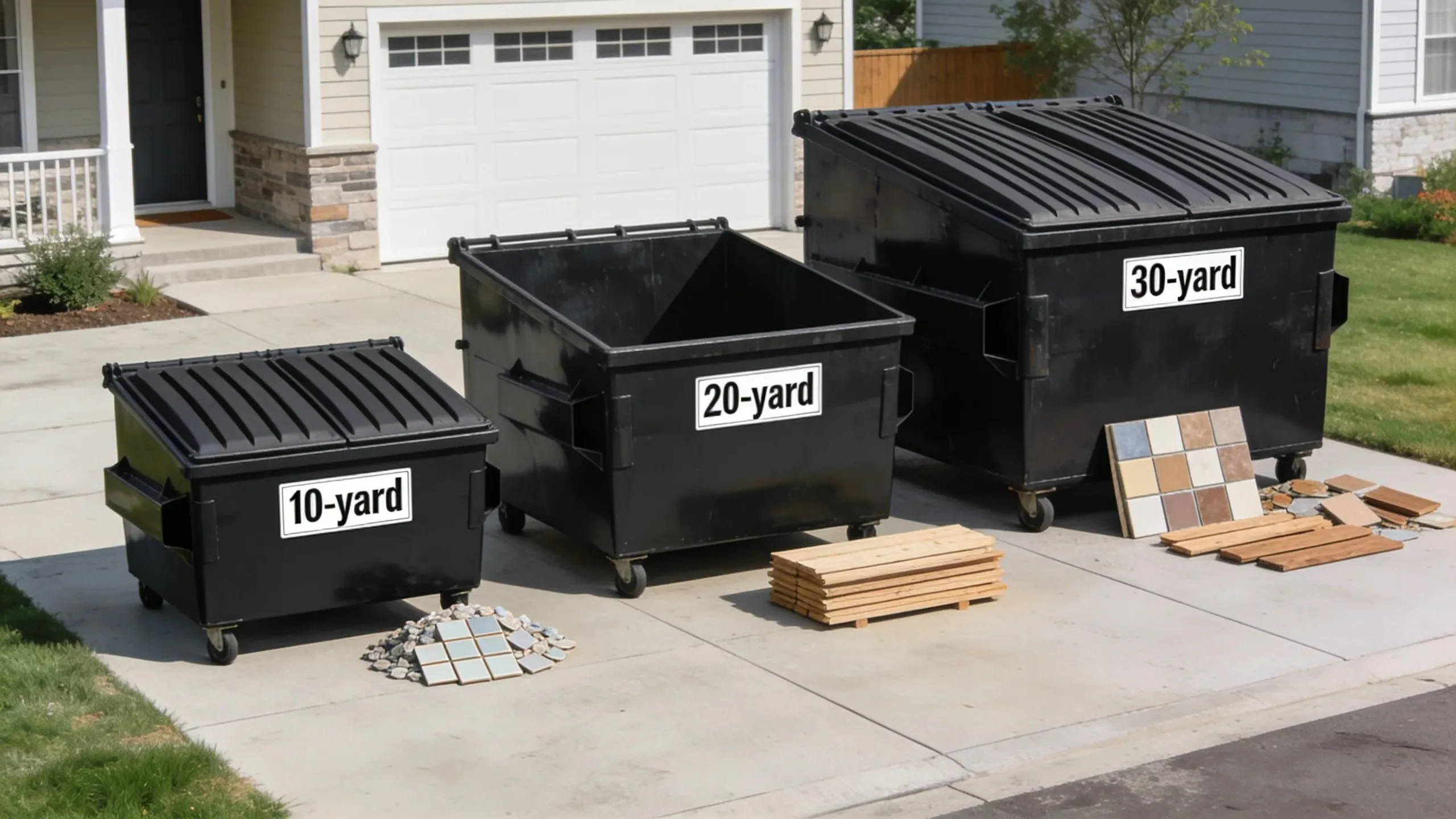 Three dumpster sizes in a driveway illustrating their use for home renovation projects