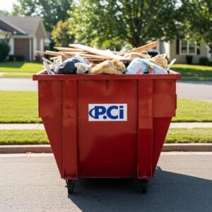### Key Elements**Main Subject** - A red dumpster prominently placed on a residential street.**Objects** - Filled with various types of debris including wood, trash bags, and construction materials.**Notable Features** - The dumpster is branded with the logo "P.Ci" on its side. - The surrounding environment includes well-maintained lawns and houses in the background.**Text/Symbols** - The logo "P.Ci" displayed on the dumpster.### Overall Mood/Theme The image conveys a sense of urban life and waste management, highlighting the contrast between the clutter of discarded materials and the orderly residential setting. The presence of the dumpster suggests themes of renovation or cleanup, reflecting a temporary disruption in an otherwise tidy neighborhood.