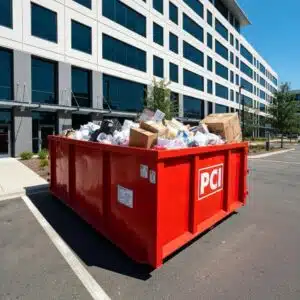 ### Key Elements - **Main Subject**: Red dumpster - **Objects**: Overflowing garbage, cardboard boxes -